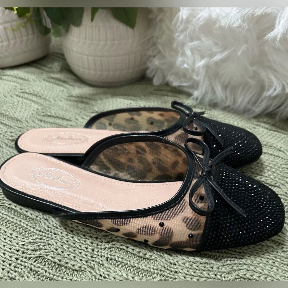 Women's Black Leopard Mesh Slip-On Mules Size 7 - Picture 2 of 4